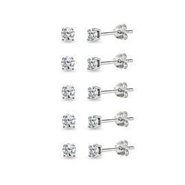 5-Pair Set Sterling Silver Cubic Zirconia 5mm Round Stud Earrings