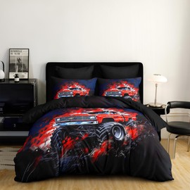 CCoutueChen Red Black Truck Comforter Set Twin Size Kids Cartoon Car Bedding Set for Boys Girls Teens 3D Off-Road Vehicle Print Tie Dye Soft Microfiber Comforter with 1 Pillowcase