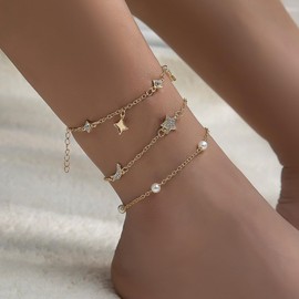 Jumcew Gold Ankle Bracelets for Women Waterproof Layered Figaro Cuban Link Chain Paperclip Herringbone Anklet Set Dainty Stackable Beaded Anklet Gold Summer Jewelry for Women F