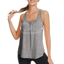 ANYFITTING Built in Bra Tank Tops for Women Workout Loose Fit Yoga Camisoles,Grey, Medium