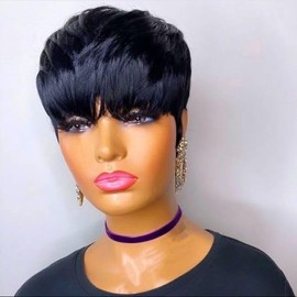 Pelucas Cortas Estilo Pixie para Mujeres Negras, Pelucas de Cabello Sintético para Mujeres Negras, Peluca Ondulada Natural Estilo Pixie Negro, Peluca 