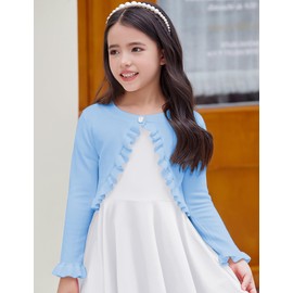 Arshiner Girls' Basic Cardigan Shrug Ruffle Short Bolero Elegant Bolero Jacket Short for Communion Dress Christening Dress, blue