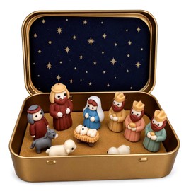 Mini Nativity Set in a Tin Box, Christmas Jesus Scene Figures Sets, Small Handcrafted Holy Family Ornaments Decor, Miniature Religious Bethlehem Stocking Fillers Xmas Gift for Home Indoor Decoration