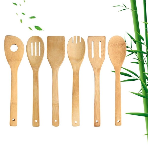 kuou 6 Pieces Wooden Spoons Cooking Utensils Sets, Wooden Spatulas Sets (Bamboo Shovel/Small Round Spoon/Three-line Spoon/Two-line Shovel/Notch Spoon/Round Hole Shovel)