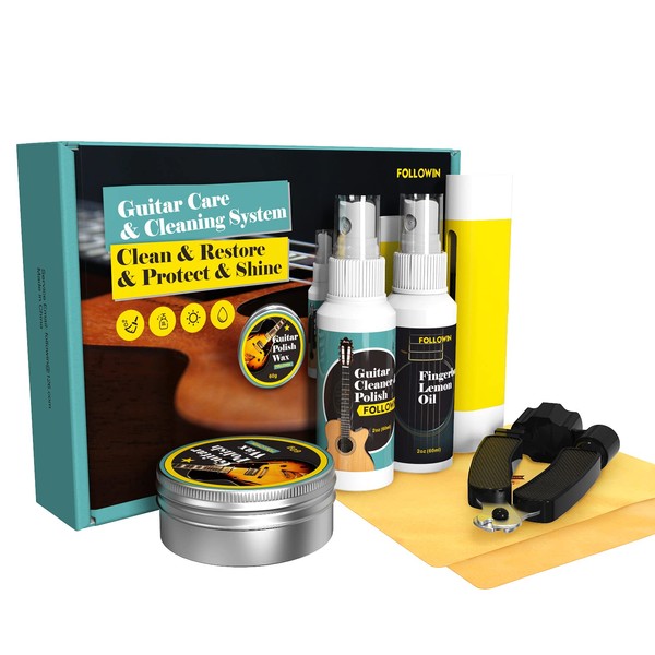 Guitar Cleaning Kit, FOLLOWIN Guitar Care System 7 Pack, Cleaner Polish, Fingerboard Lemon Oil, String Cleaner & Lubricant, Guitar Wax, Winder, Microfiber Cloth