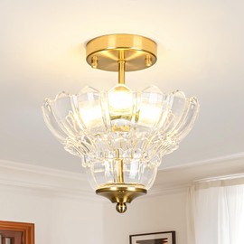 Rainzepher Vintage Gold Semi Flush Mount Light with Floral Class Shade, Close-to-Ceiling Fixture for Bedroom,Living Room, Kitchen, Hallway