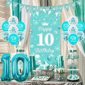 Sursurprise 10th Birthday Decorations for Girl Teal, Turquoise Happy 10th Birthday Door Banner, Triangle Bunting, Teal Blue Balloons, 10 Year Old Birthday Party Supplies