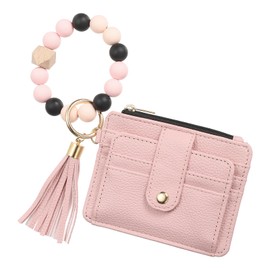SUIKIHUM Small Credit Card Wallet with Keychain Wristlet Beads Ring, PU Leather Card Holder - 8 Card Slots & 1 ID Window & 1 Zipper Pocket, Pink