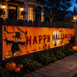 Happy Halloween Hanging Banner – 250cm Pumpkin and Bloody Handprint Decoration for Indoor and Outdoor Display