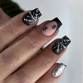 Snowflake Press on Nails Medium Square Fake Nails Black French Tip Nails Press ons Silver Glitter Acrylic Nails Short Stick on Nails Snowflake Glue on Nails for Women Girls 24Pcs