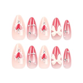 Valentine's Day Press on Almond Nails-24Pcs Artificial Rhinestone Pink False Nails with Heart Bow Designs Heart Glossy Full Cover Medium Acrylic Fake Nails Glue Stick on Fingernails for Women Girls