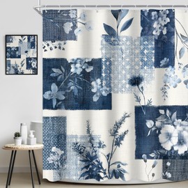 Ufeela Blue Abstract Floral Printed Shower Curtain 60Wx72L Inch Navy Blue Grey Vintage Boho Flower Rustic Plant Botanical Pretty Bathroom Set Girly Women Bath Curtain Bathtub Accessories Home Decor