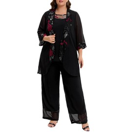 3 Piece Mother of The Bride Pant Suits Plus Size Chiffon Sets Embroidered Laces Wedding Guest Outfit with Jacket Black