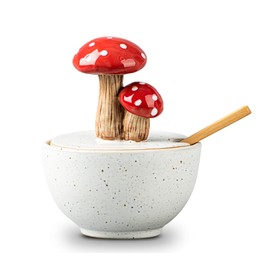 dgudgu Mushroom Salt Cellar With Lid Ceramic Salt Box White Salt Bowl Salt Container With Lid Salt Pig With Bamboo Spoon Salt Holder Salt Well Salt Keeper
