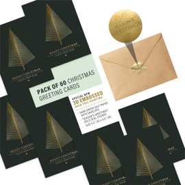 Gold Foil Christmas Greeting Cards with Envelopes | Pack of 20 Cards - Dark Green Col & Embossing on Christmas Tree | 6.75 x 4.5 Inch Merry Christmas Cards with Seal Stickers For Friends , Family and loved Ones ( 10 PACK )