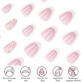 Flower False Nails Short - Oval White French Tip False Nails - French Press On Nails With Floral Designs - Glossy Full Cover Acrylic Fake Nail - Spring Summer Stick On Nail For Women Girls