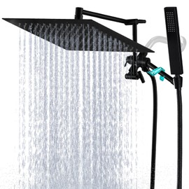All Metal 12" Rainfall Shower Head with Handheld Spray Combo, High Pressure Rain Shower Heads with Adjustable Extension Arm, Wide Dual Waterfall Showerhead, Extra Long Shower Hose - Matte Black