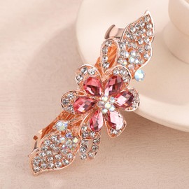 Chargances Bridal Flower Rhinestones French Hair Clip Wedding Pink Crystal Hair Barrettes Clip Slide Hairpins Barrettes Hair Accessories for Women (Pink)
