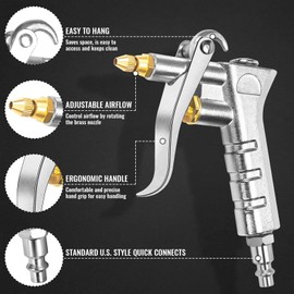 Uineeoor Adjustable Brass Air Nozzle Blow Gun, Heavy-Duty Industrial Air Gun Blower with Steel Extension, Professional Dust Cleaning Tool for Air Compressor Attachments