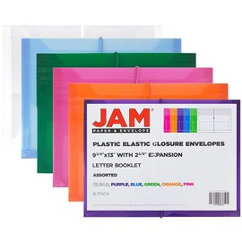 JAM PAPER Plastic Expansion Envelopes with Elastic Band Closure - Letter Booklet - 9 3/4 x 13 with 2.5 Inch Expansion - Assorted Colors - 6/Pack