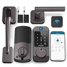 SMONET WiFi Smart Door Lock Set – Fingerprint Keyless Entry Bluetooth & Alexa Compatible, Auto Lock, Digital Keypad, Remote Control, Fob & App for Home, Rental, Gray