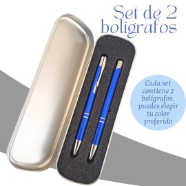 Set Bolígrafo con Estuche Acero Inoxidable Metalico Duo Pluma Estuche Metálico Punta Media Tinta Negra Elegante Caligrafia Punta Retráctil Portatil Boligrafo Licenciado (Azul)