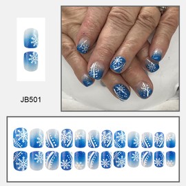 24Pcs Snowflake Press on Nails Short Square Fake Nails with Glitter Blue Designs Full Cover Glossy Winter False Nails Christmas Glue on Nails Extra Short Acrylic Stick on Nails for Women Nail Decor