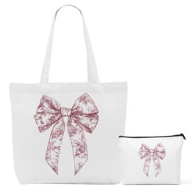 SAPEYKR Preppy Coquette Pink Floral Print Bows Canvas Tote Bag Tote Bags Set, Preppy Stuff, Cute Aesthetic Gifts for Women Mom Friendship Mother's Day Reusable Shopping Grocery Bags Travel Makeup Bag