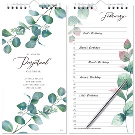 Perpetual Calendar - 12-Month Undated Calendar from Jan. to Dec., 5'' X10'' Perpetual Calendar for Reminding Anniversaries, Birthdays, Festivals, Birthday Reminder Book with Thick Paper - Green Leaves