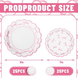 JarThenaAMCS - Plato de papel de lazo rosa con lazo festoneado desechable, bonito plato de cena de postre para suministros de decoración de despedida de soltera, 9 pulgadas y 7 pulgadas