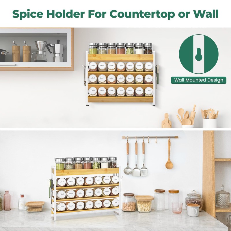 EsLuker.ly Spice Seasoning Rack Organizer Kitchen Countertop, 4 Tier Bamboo