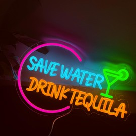 Decorit Save Water Drink Tequila Neon Sign Wall Light Decor, Led Neon Bar Lights for Home Bar, Pubs, Man Caves, Tequila Drink Themed Decorations, USB Powered Sign, Dimmable Switch, Brightness Control