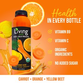 O2 Living Carrot Kick Organic Juice Drink - 12oz, 6 Pack - Cold-Pressed Juice Drink with No Added Sugars or Water, Natural Sweetness from Fruits, Packed with Nutrients & Vitamins, Refreshing, Non-GMO