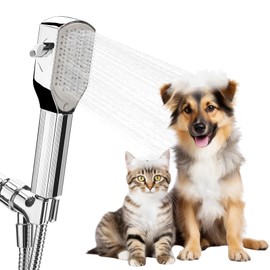 Dog Shower Attachment,Pet Washing Shower Sprayer with Stainless Steel Hose & Diverter Valve, 2 Mode Handheld Shower Head Brush, 3-in-1 Dog Shower Head for Bathing, Grooming, Massage - Indoor & Outdoor