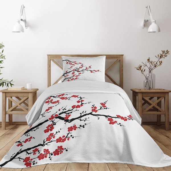 Lunarable Japanese Coverlet Set Twin Size, Simplistic Cherry Blossom Tree Botanic Themed Pattern Fresh Organic Lines, 2 Piece Decorative Quilted Bedspread Set with 1 Pillow Sham, Cinnamon Red