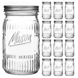 Jeitae 12 Pack 32 oz Vintage Style Wide Mouth Mason Jars - Heavy Duty Glass Storage Jars with Airtight & Leak Proof Lids for Pickling, Canning, Food Storage, Flour, Sugar, Pasta, Oats & DIY Projects