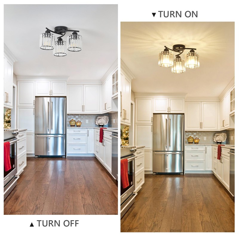 Crystal Semi Flush Mount Ceiling Light,3-Light Black Close to Ceiling