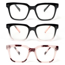 MMOWW 3 Pack Square Reading Glasses with Spring Hinges Oprah Style Blue Light Blocking Computer Readers for Women Men, Black/Black Pink/Pink Tortoise +1.5