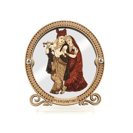 PLEASANTINO Radha Krishna Inlaid Wooden Figurine Showpiece for Car Dashboard, Prayer Room & Workspace | 3"x2.6" | Designer Trendy Series