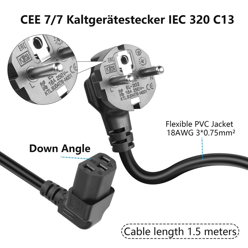GELRHONR 1.5 m 3 Pin IEC Cable, 90 Degree CEE