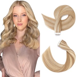 SEGOHAIR Tape in Hair Extensions Human Hair, 12" Invisible 10Pcs Real Hair Straight Natural Remy Tape Hair Extensions - Golden Brown Mix Bleach Blonde