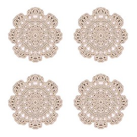 Phantomon 5 Inch Doilies Small Handmade Crochet Coasters Round Cotton Lace Table Placemats for Cup/Glass Pack of 4, Beige