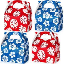 Engrowtic 12 Pcs Hawaiian Luau Party Favor Treat Boxes Blue and Red Cartoon Party Favor Paper Boxes Summer Tropical Hibiscus Palm Leaves Gable Goodie Bags for Birthday Aloha Birthday Pool Supplies