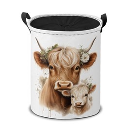 Highland Cow with Flowers Laundry Hamper Basket,Cow Mom and Calf Collapsible Portable Laundry Bag, Storage Bins Toys Storage Gifts Basket, Bedroom Home Nursery Decor for Baby Girl Women