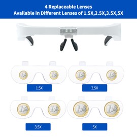 OBOVO Lupenbrille mit Licht, 1.5X 2.5X 3.5X 5X abnehmbare Linsen-Kopfband Lupe Lampe Headset Kopflupe Stirnlupe Brillenlupe mit 2 LED Licht Hobby, Elektriker, Nähen, Handwerk und ältere Menschen