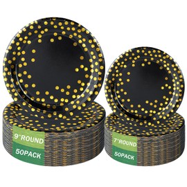 100 Pcs Black and Gold Paper Plates Gold Foil Dot Disposable Dessert Party Paper Plates 50 x 9" and 50 x 7" Dinner Plate Party Supplies for Birthday Graduation Wedding Holiday Christmas