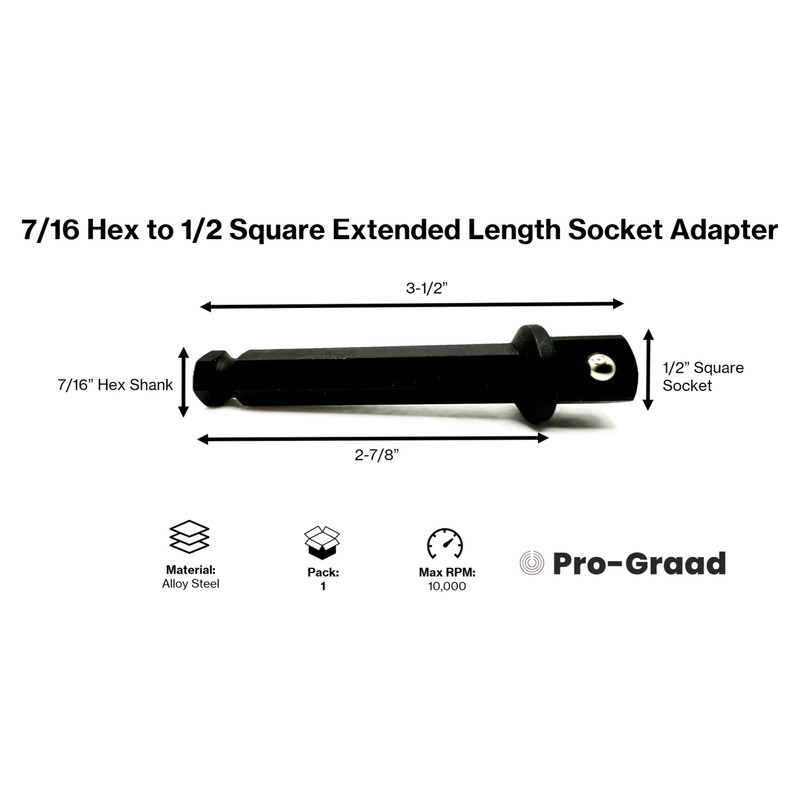 Pro-Graad 7/16 Hex to 1/2 Square Socket Extended Length Adapter
