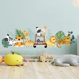 Nursery Wall Sticker - Safari Animals with Truck and Leaves Wall Decal (60cm Width x 20cm Height)