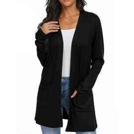 QIXING Casual Lightweight Cardigan Women's Long Elegant Thin Cardigan Long Sleeves with Pockets Open Front Cardigan Women's Autumn, 01 black