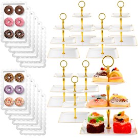 Teenyyou 20 Pack Dessert Table Display Set 8 Pcs 3 Tiered Cupcake Stand with Gold Edges 12 Pcs White Dessert Serving Tray for Wedding Birthday Tea Party Decorations(Square)